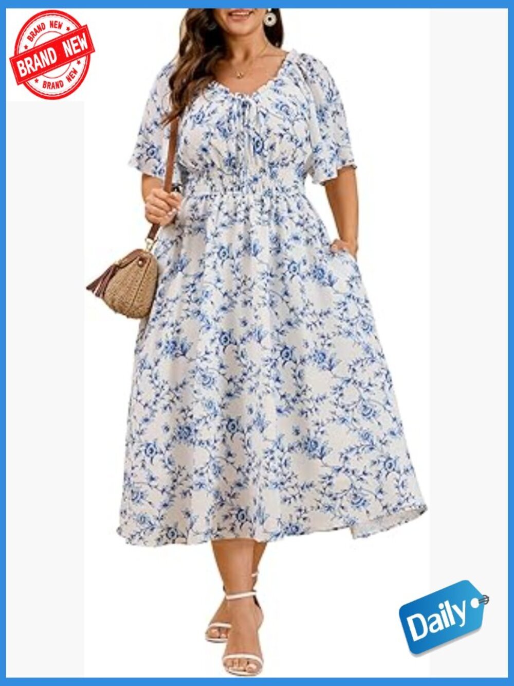 Plus Size Boho Maxi Dress Scoop Neck Tie Front Midi